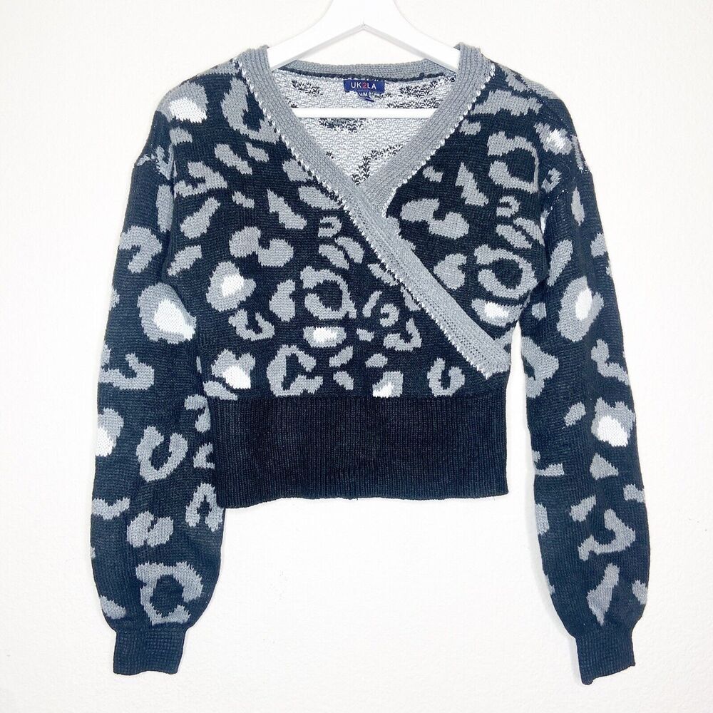 UK2LA Black and Grey Leopard Faux Wrap Cropped Sweater Sz M